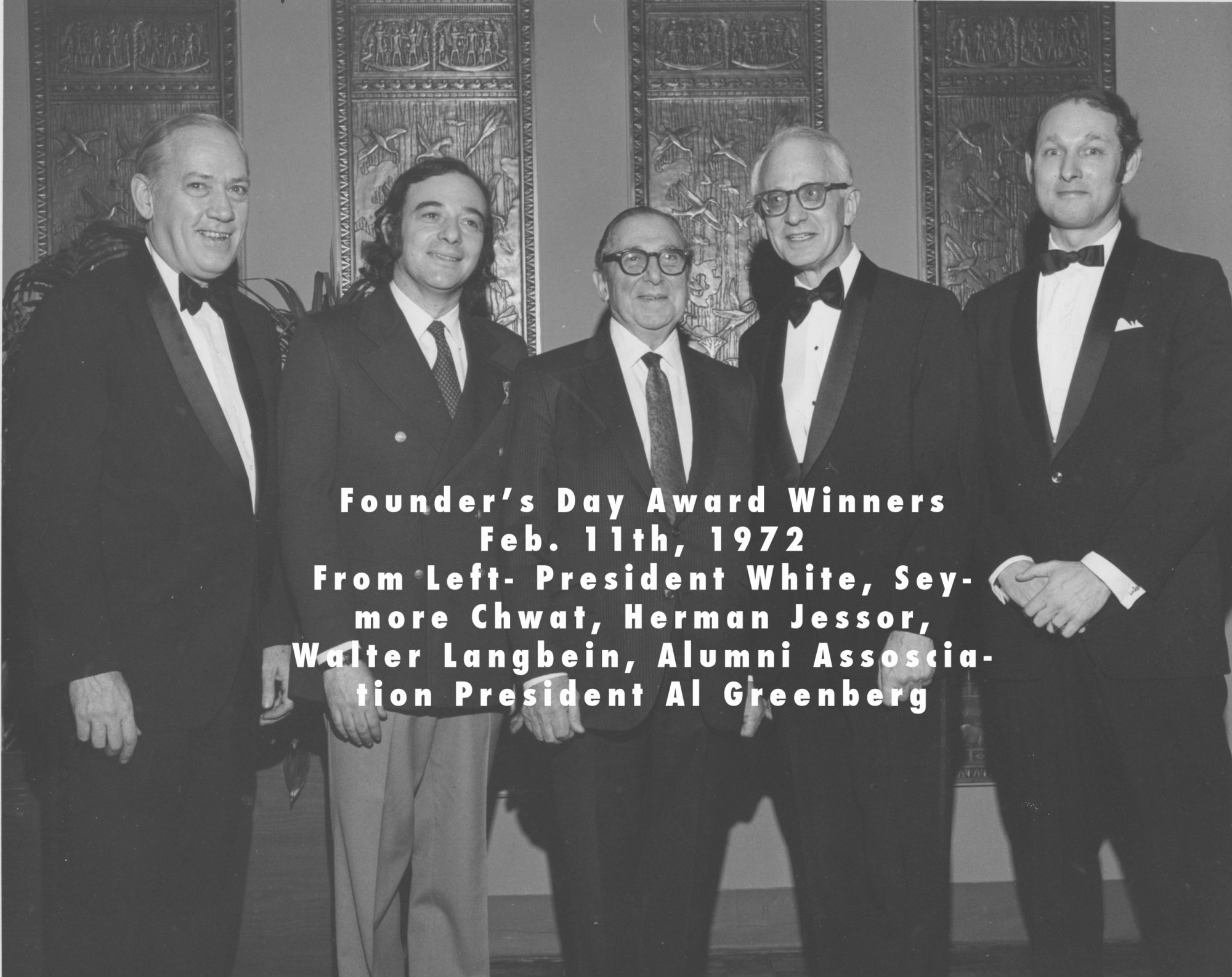 The 1972 Cooper Union Alumni Founder's Day Dinner awardees: President White, Seymour Chwast, Herman Jessor, Walter Langbein, CUAA President Al Greenberg.