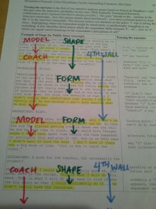 a text transcript annotated with colored markers